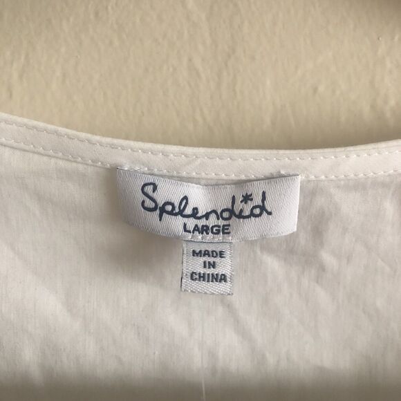 Splendid Crewneck Button-placket Ruffle-sleeve Poplin Shirt In White Size Large - Picture 2 of 11
